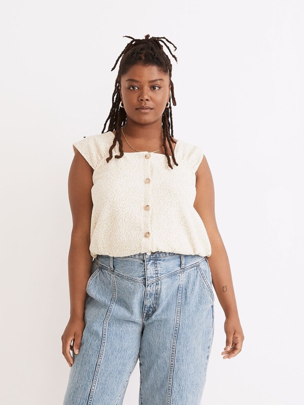 Madewell | Floral Jacquard Button-Front Top in Faded Seagrass | Size Medium - Picture 5 of 7